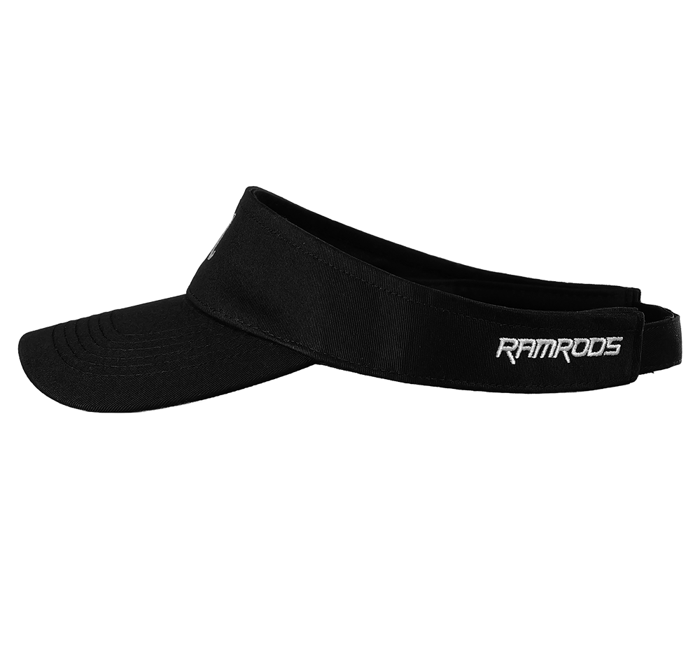 Isolate photo of a black visor with the white ramrods logo on the side.