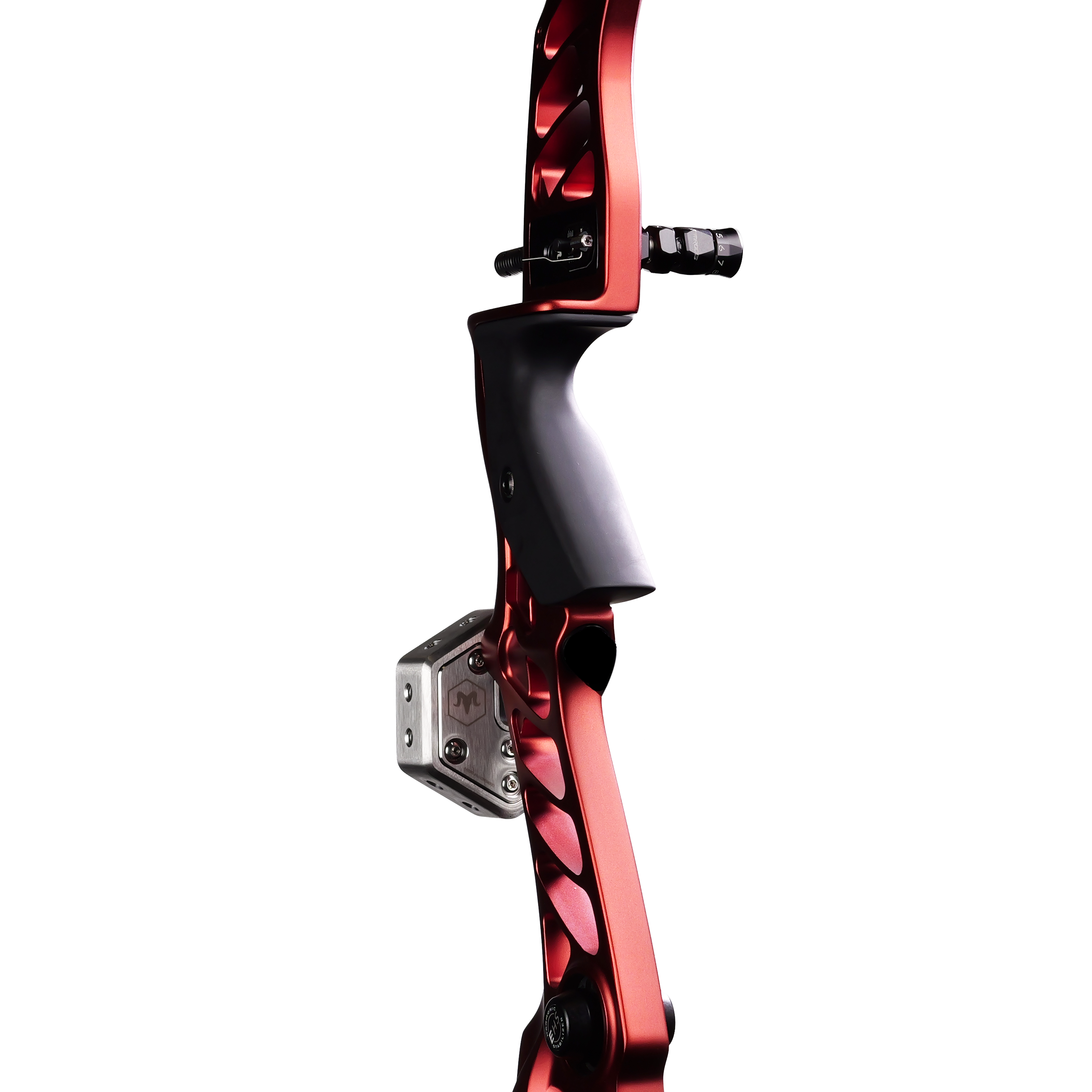 Back view of a red riser with the RamRods barebow hex weight attached to the front.