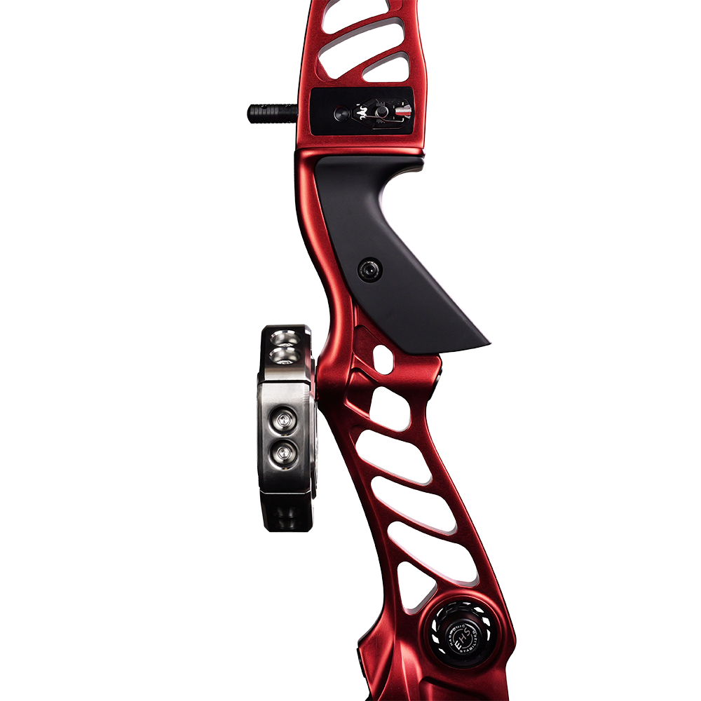 Side view of a red riser with the RamRods barebow hex weight attached to the front.