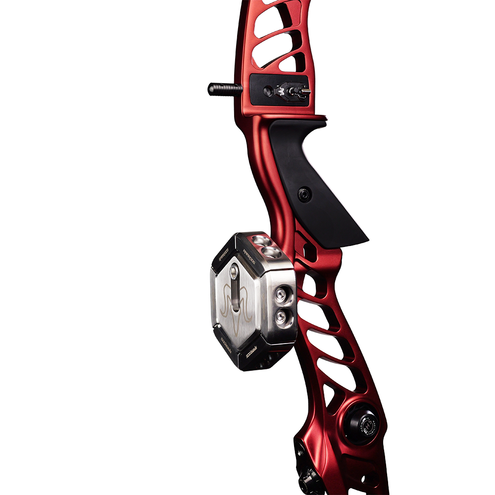 Side view of a red riser with the RamRods barebow hex weight attached to the front.