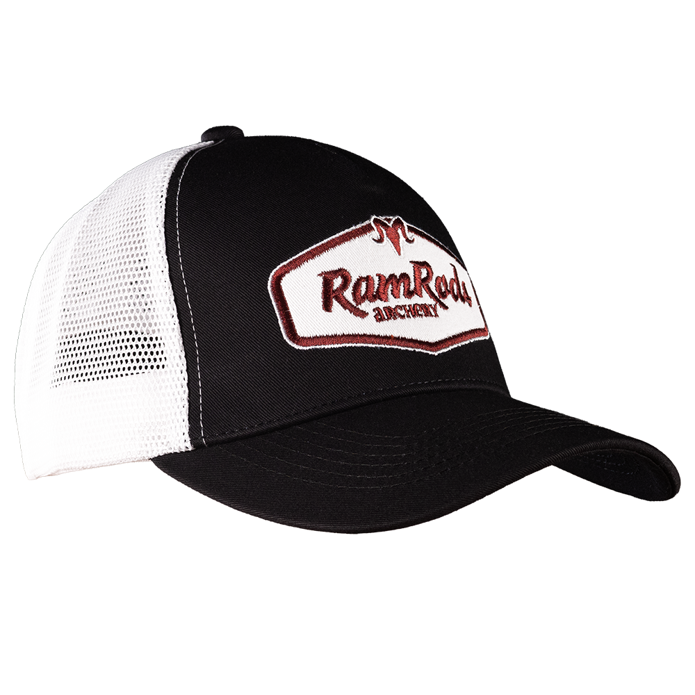 Black and white Trucker Hat with vintage inspired RamRods logo