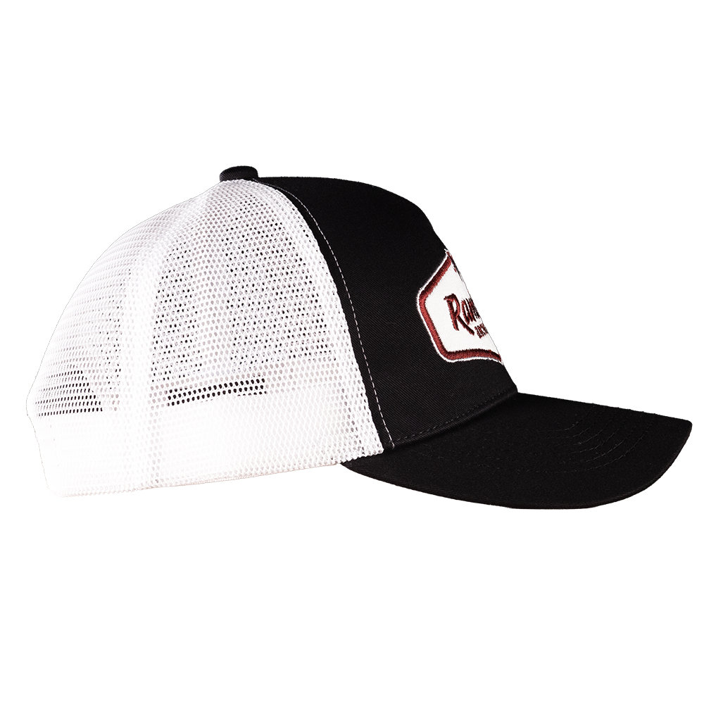 Black and white Trucker Hat with vintage inspired RamRods logo