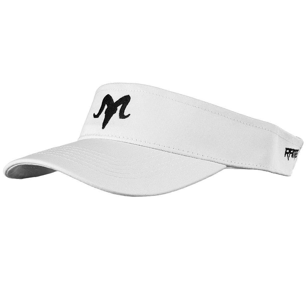 Isolate photo of a white visor with a black ram head silhouette on the front.
