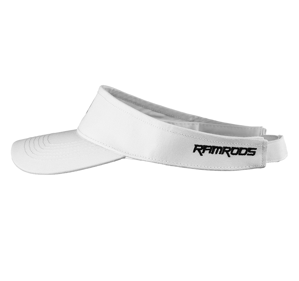 Isolate photo of a white visor with the black ramrods logo on the side.