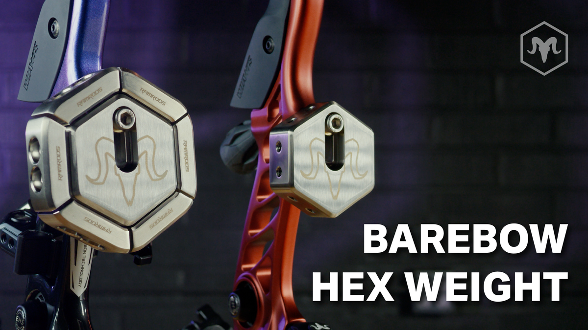 Video thumbnail showing the RamRods Barebow Hex Weight attached to a recurve archery riser. Text on screen says,"Barebow Hex Weight."