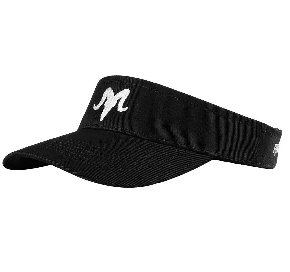 Isolate photo of a black visor with a white ram head silhouette on the front. 