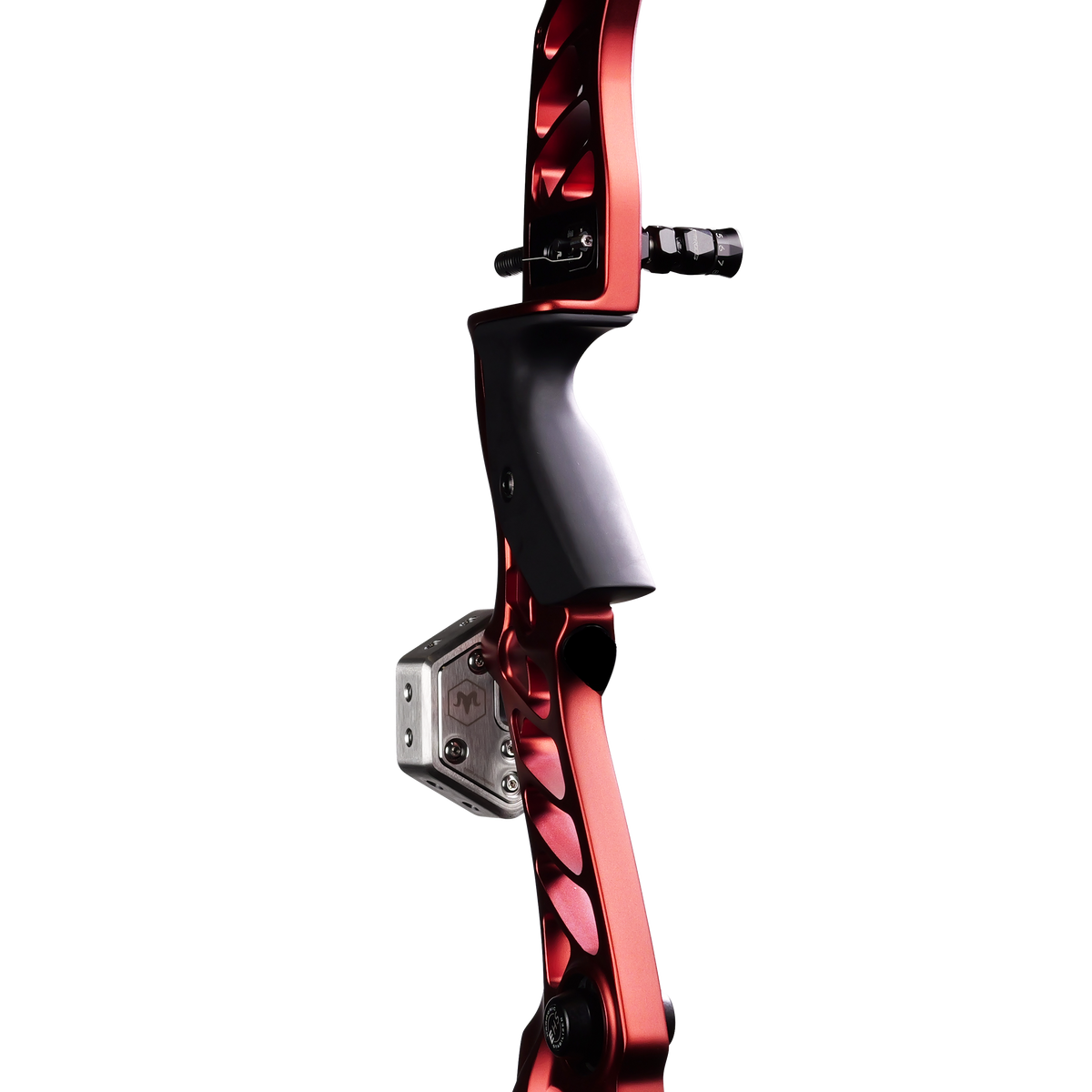 Back view of a red riser with the RamRods barebow hex weight attached to the front. 