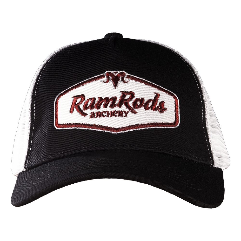 Black and white Trucker Hat with vintage inspired RamRods logo