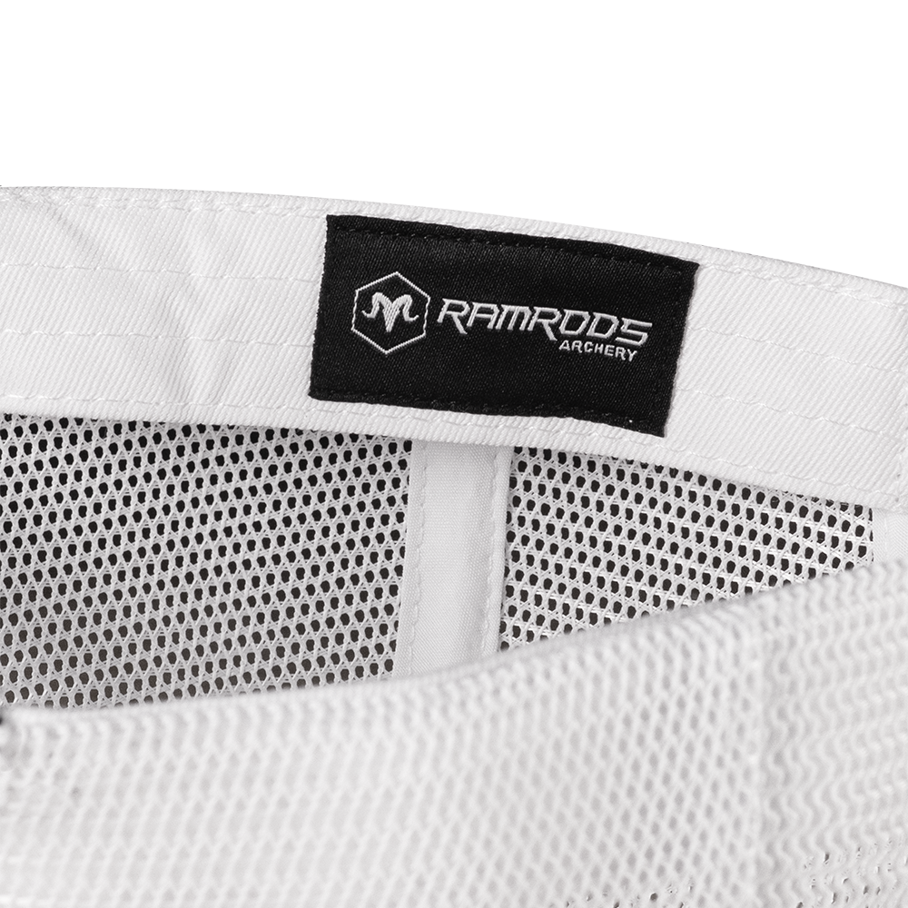 Inside of black and white Trucker Hat with RamRods logo tag