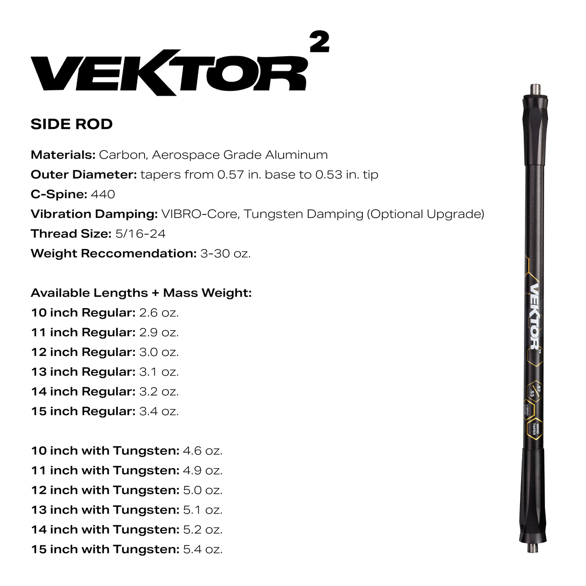 A product information card for a Vektor 2 side rod. The card features product specifications 