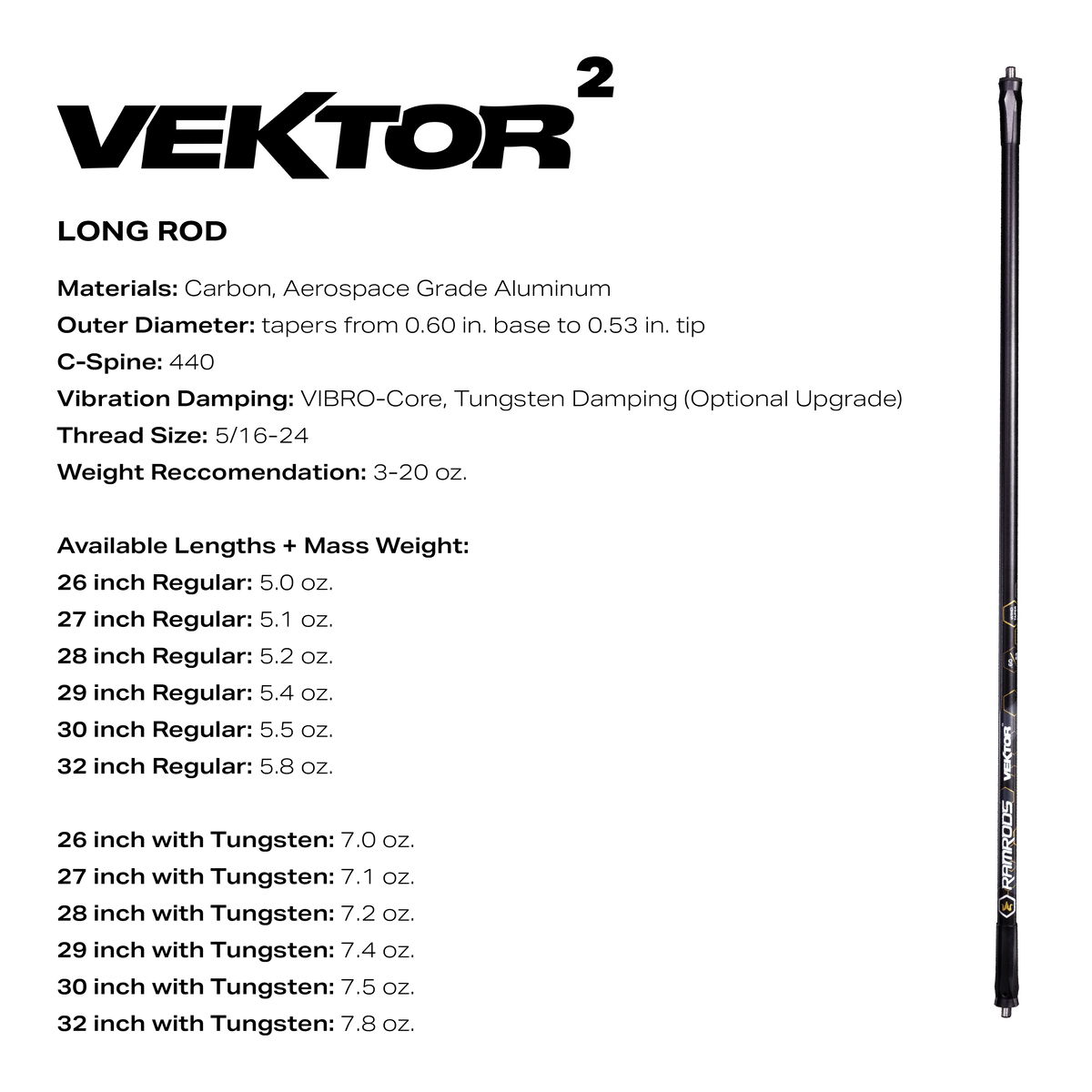A product information card for a Vektor 2 long rod. The card features product specifications 